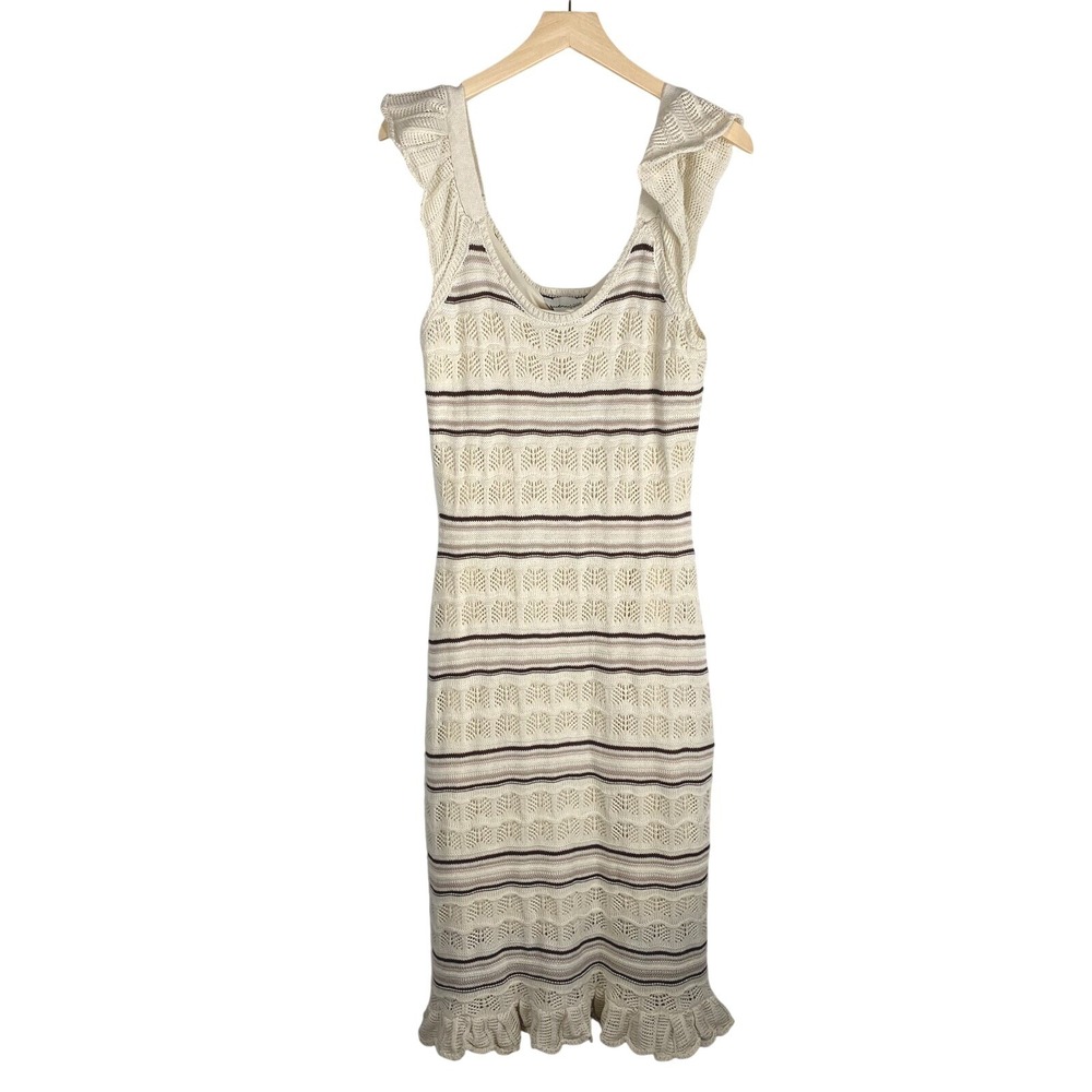 Freshman 1996 BOHO Crochet Knit Ruffle Striped Sleeveless Maxi Dress Large (NWT)